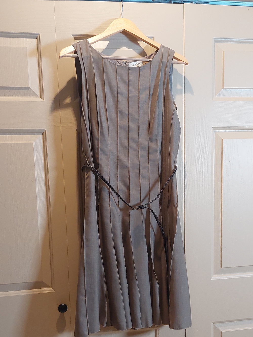 Calvin Klein Sleeveless Brown Pleated Dress with Braided Belt